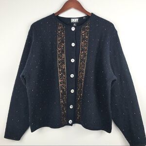 DKNY Vintage Navy Blue 100% Wool Beaded Cardigan Sweater